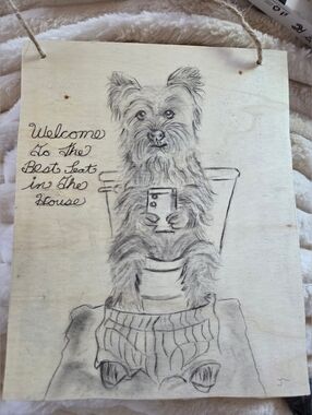 Hand-Drawn Wood Sign Featuring Yorkie Dog on Toilet - Neutral Tones